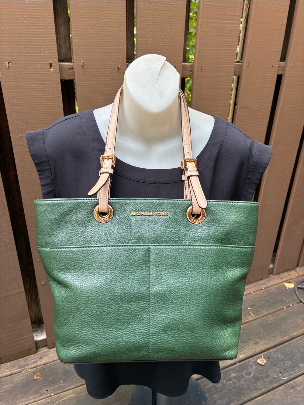 Michael Kors Green Leather Medium Tote with Tan Straps